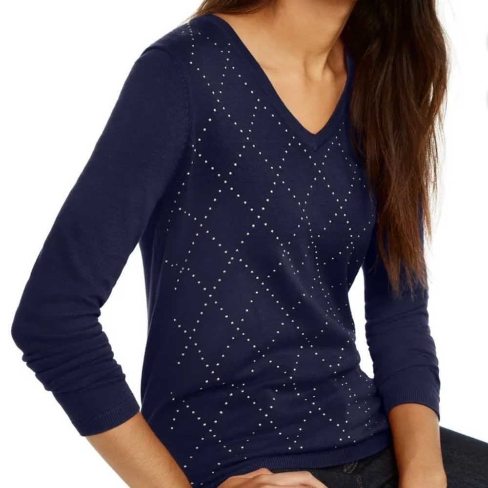 Tommy Hilfiger Navy Blue V-Neck Sweater Argyle Gold Studs Beaded  M